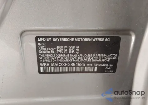 2017 BMW 530I из США, поврежденный, VIN WBAJA5C33HG894886